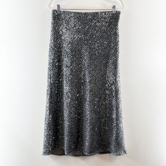 Ann Taylor Embellished Sequin High Waisted Pencil Slip Midi Skirt Silver Medium - Picture 4 of 5